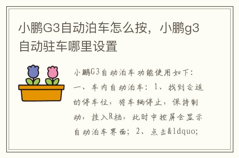 小鹏G3自动泊车怎么按，小鹏g3自动驻车哪里设置