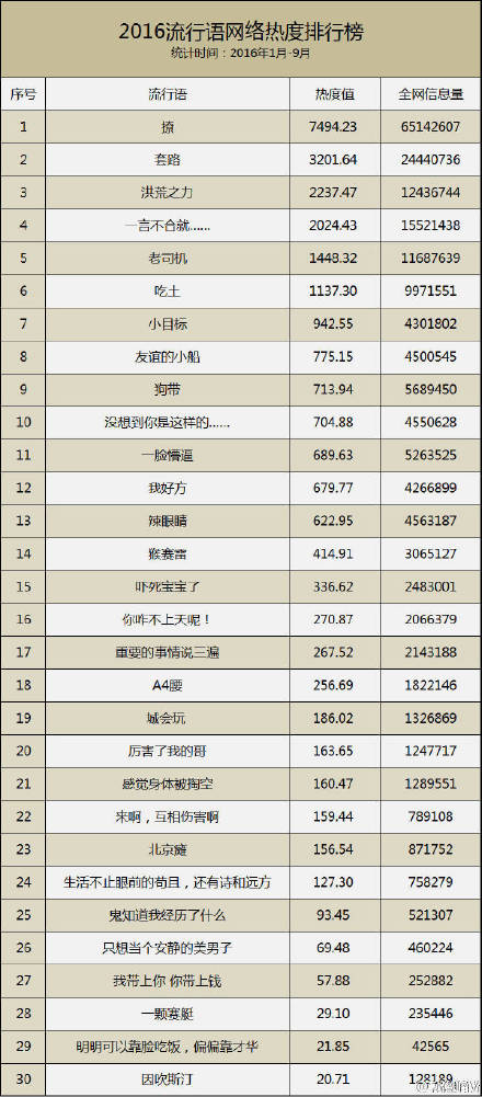 2016年流行语网络热度排行榜发布