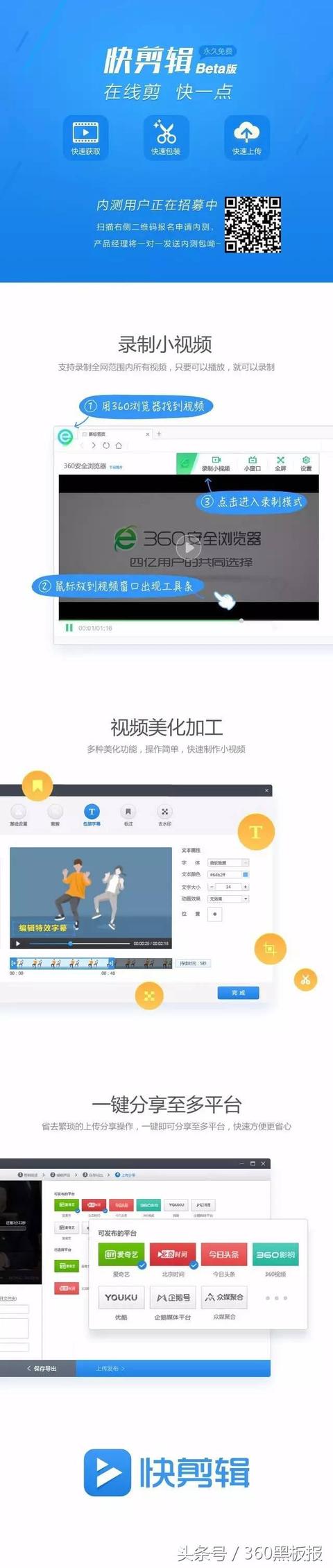 360推出一款永久免费、高效简易在线视频剪辑软件—快剪辑！