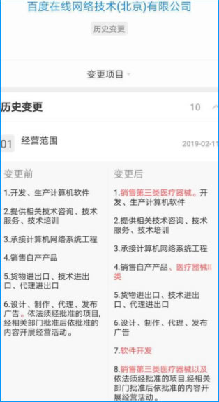 百度在线经营范围新增医疗器械销售业务了