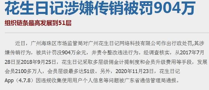 花生日记再次因涉及传销罚款904万